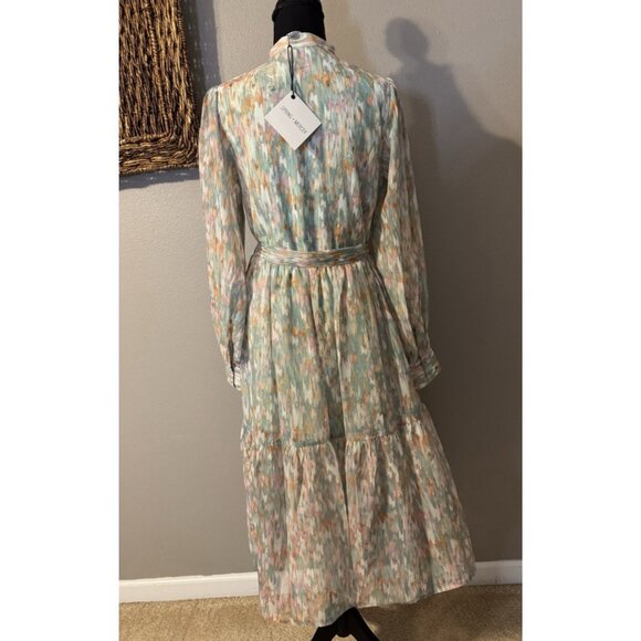 Spring & Mercer L Watercolor Chiffon Midi Prairie Dress Small Long Sleeve NEW - Picture 9 of 16